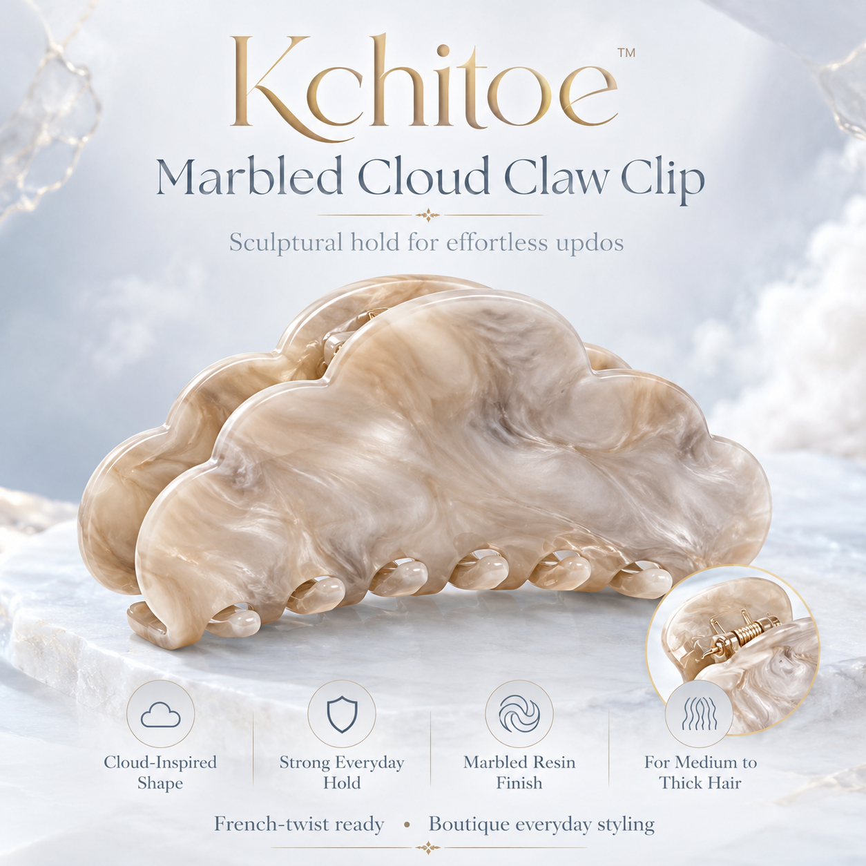 Kchitoe™ Marbled Cloud Claw Clip for Thick Hair, Large Resin Hair Claw, French Twist Hair Clip, Neutral Tortoise Hair Accessory, Everyday Updo Clip