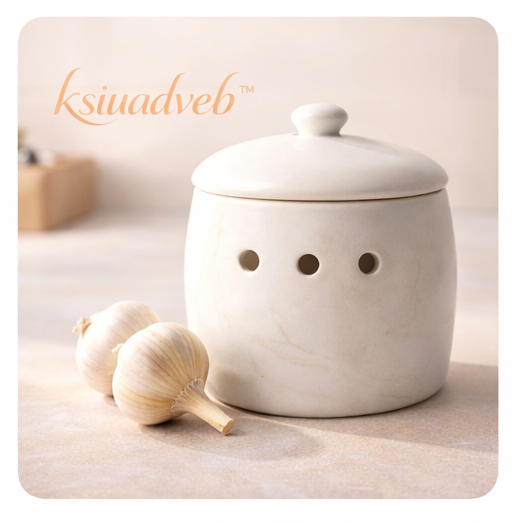 ksiuadveb™ Ceramic Garlic Keeper with Vent Holes, Stylish Kitchen Storage Jar for Garlic Bulbs