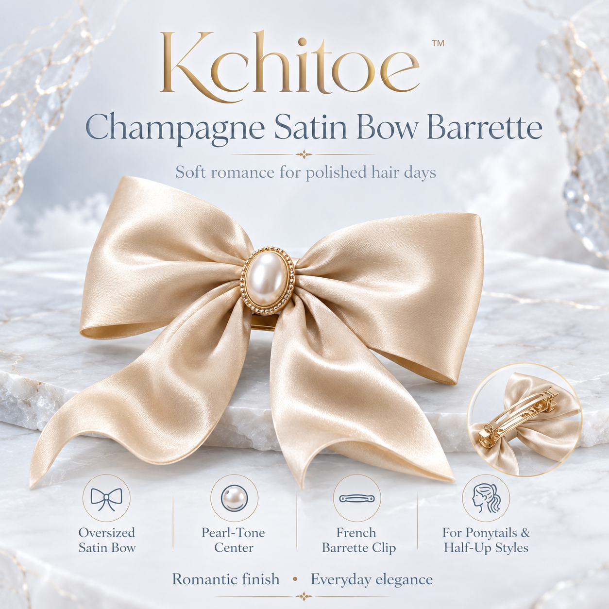 Kchitoe™ Champagne Satin Bow Barrette, Oversized Hair Bow Clip, Soft Coquette Hair Accessory, Pearl Detail French Barrette, Elegant Hair Clip for Women