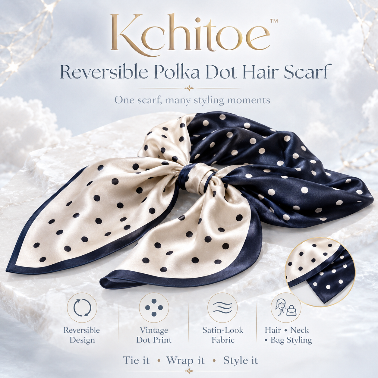 Kchitoe™ Reversible Polka Dot Hair Scarf, Satin-Look Bandana Head Scarf, Neck Tie Scarf, Bag Charm Accessory, Vintage Hair Wrap
