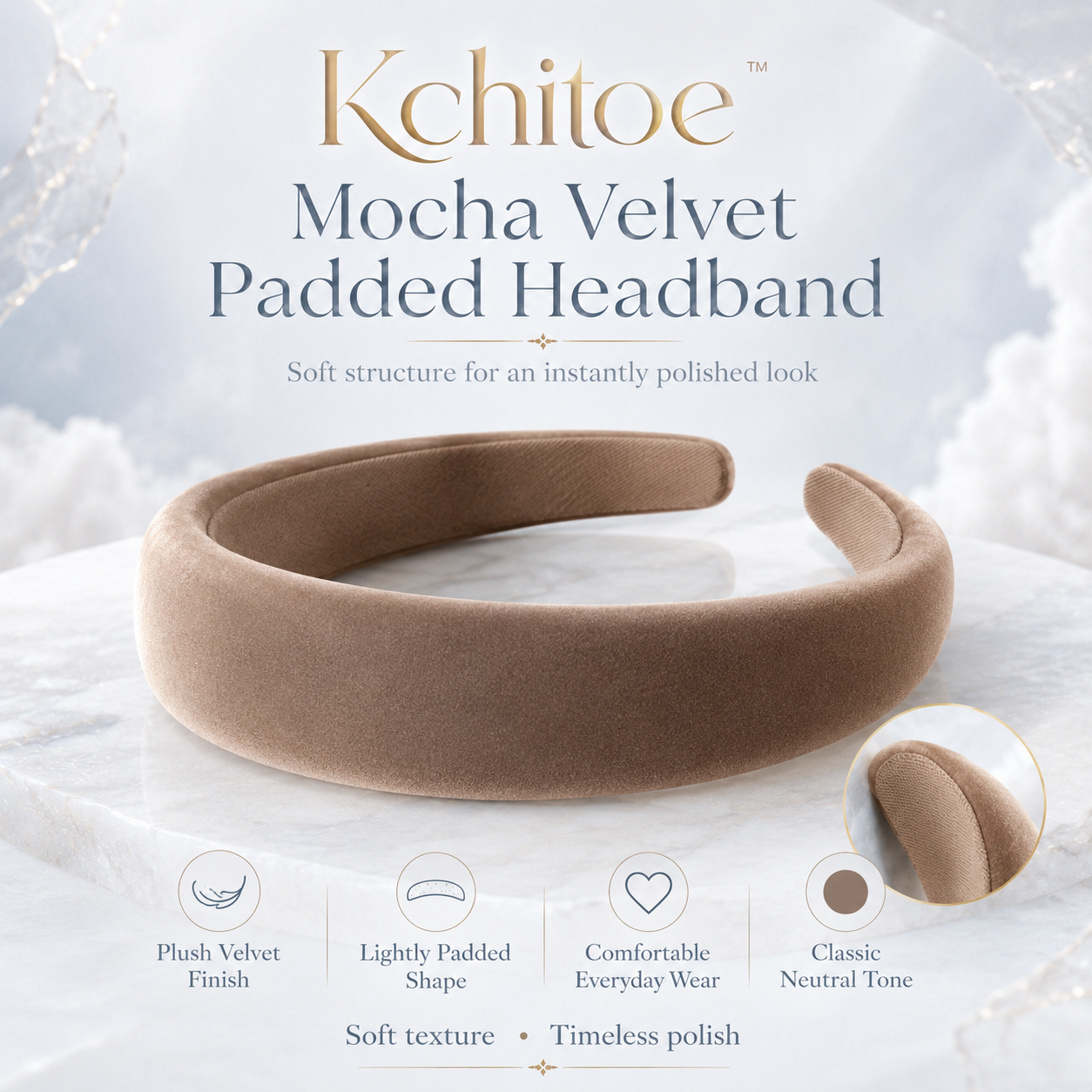Kchitoe™ Mocha Velvet Padded Headband, Wide Soft Headband for Women, Neutral Hair Accessory, Everyday Luxury Headband, Classic Hair Band