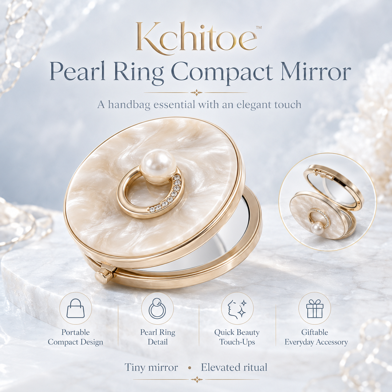 Kchitoe™ Pearl Ring Compact Mirror, Portable Beauty Mirror, Small Handbag Mirror, Travel Makeup Mirror, Elegant Personal Accessory Gift