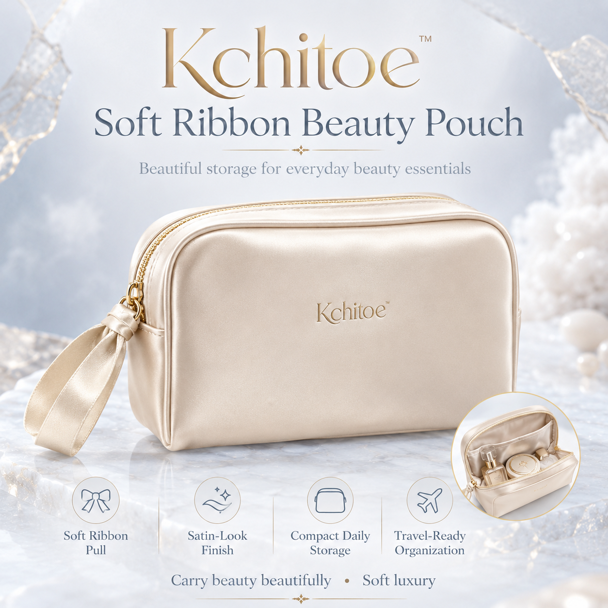Kchitoe™ Soft Ribbon Beauty Pouch, Small Makeup Bag, Satin Cosmetic Pouch, Travel Organizer for Hair Clips, Beauty Accessories, Everyday Personal Bag