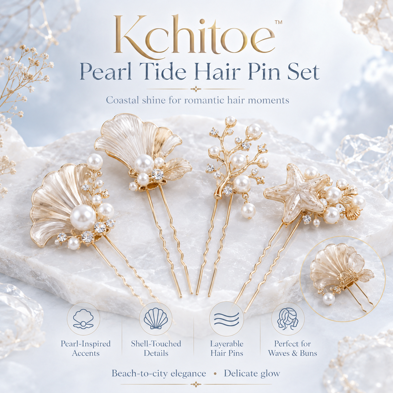 Kchitoe™ Pearl Tide Hair Pin Set, Ocean-Inspired Pearl Bobby Pins, Shell Accent Hair Clips, Bridal Hair Pins, Elegant Beach Hair Accessories