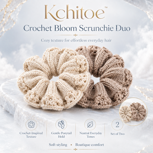 Kchitoe™ Crochet Bloom Scrunchie Duo, Soft Knit Hair Scrunchies, Neutral Crochet Hair Ties, Gentle Ponytail Holders, Boho Beauty Accessories